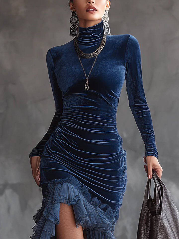 Dark Blue Velvet Pleated Ruffled Maxi Dress