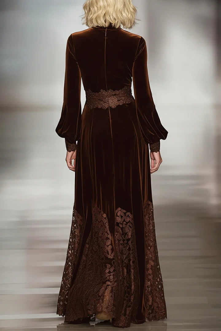 Isabella | Maxi Velvet Dress with High Neck and Balloon Sleeves in Patchwork Lace