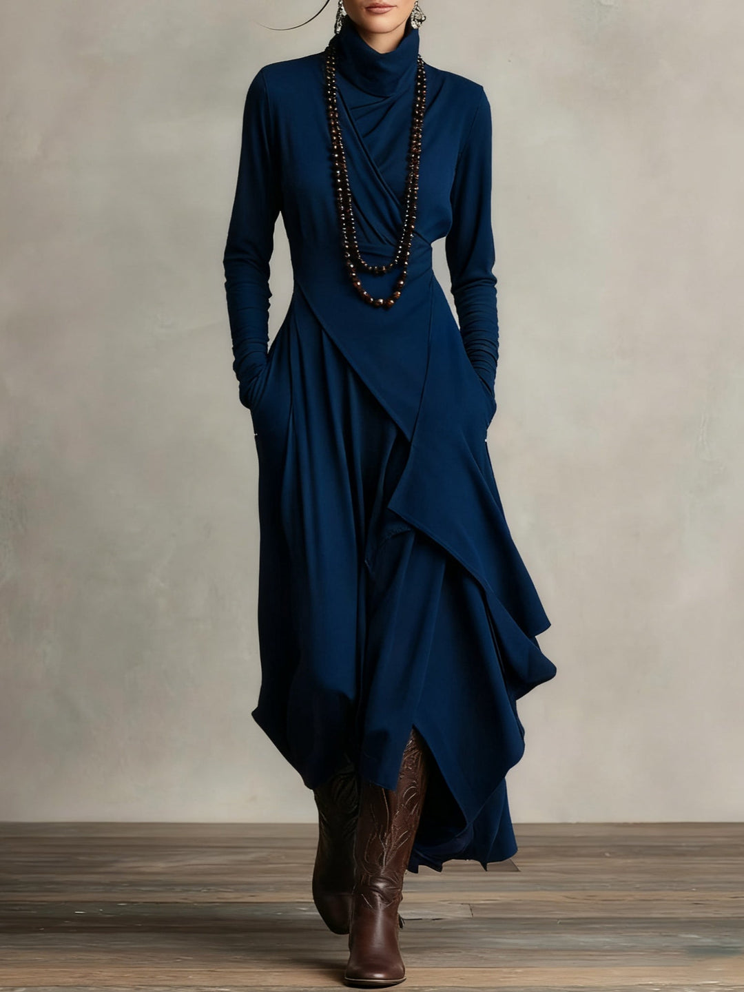Aurelia | Asymmetrical Pleated Maxi Dress with High Collar
