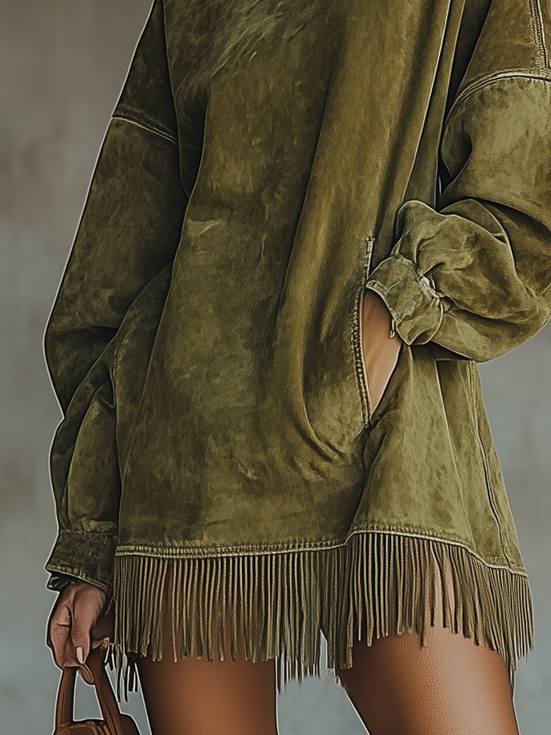 Oversized Suede Effect Dress with Fringes